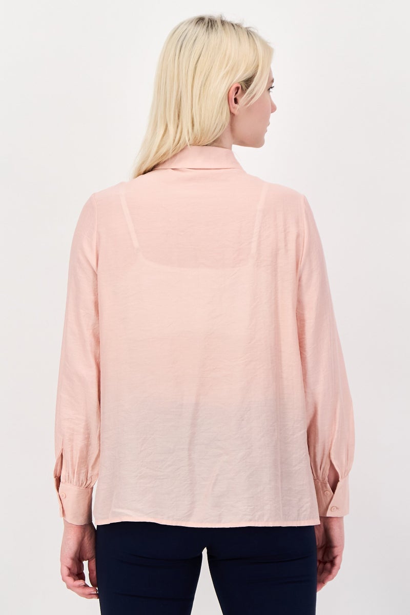 bebe Women Spread Collor Textured Long Sleeve Shirt, Peach - Image 2