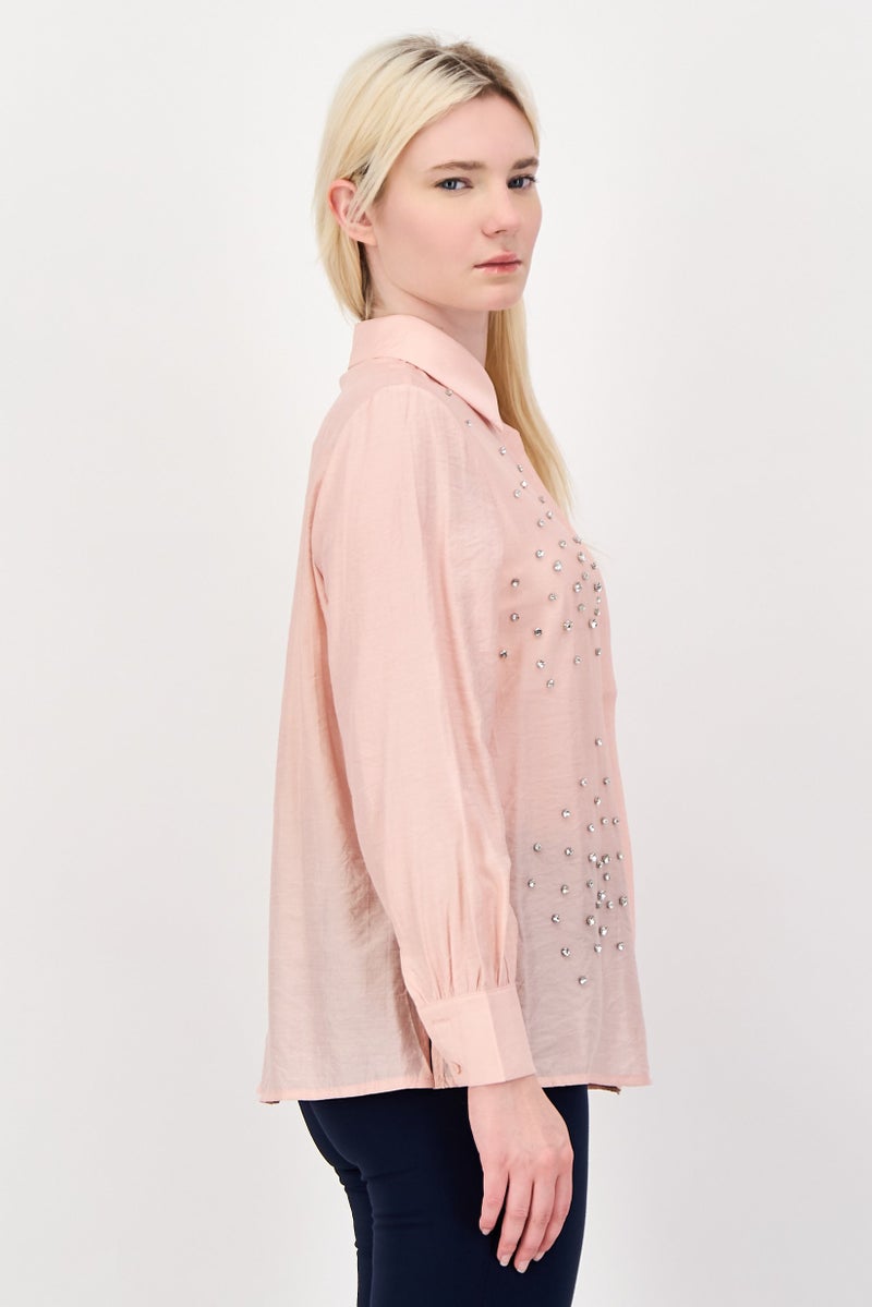 bebe Women Spread Collor Textured Long Sleeve Shirt, Peach - Image 3