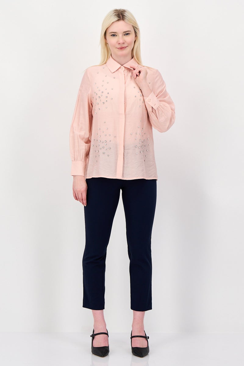 bebe Women Spread Collor Textured Long Sleeve Shirt, Peach - Image 4