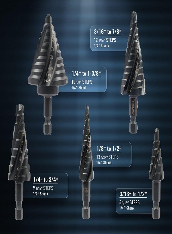 ZELCAN Step Drill Bits Set, 5 Pieces Four Spiral Flute Drill Bits for Metal, 50 Sizes Titanium Coated Hss Drill Bits with 1/4" Hex Shank for Wood Plastic - Image 4