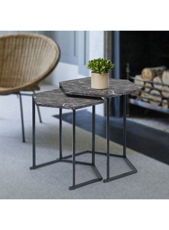 DANUBE HOME Reuben Nest of Tables Set of 2 - Stylish Black Marble & Metal End Tables for Living Room, Engineered Wood, Modern Design, Ideal for Small Spaces, Size: L48xW41xH50cm - Image 1