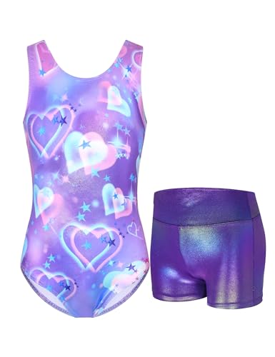 Nokecina Girls Gymnastics Leotard Size 6-7 Years Old Shiny Purple Heart Sleeveless Bodysuits Practice Outfits - Image 1