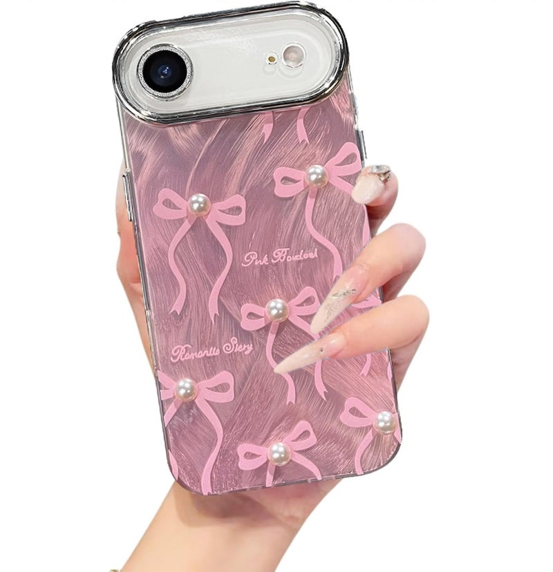 VONZEE Compatible with iPhone 17 Air 6.5'' Case Luxury Pink Girly Cute 3D Bow Pearl Glitter Bling Case with Full Camera Protection Shockproof PC+TPU Glossy Shiny Cover for Girls Women, Pink - Image 1