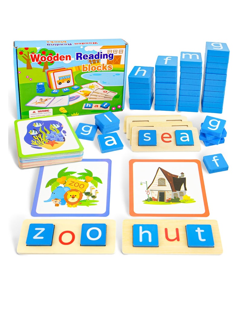 SYOSI Sight Words Flash Cards for Kindergarten Montessori Alphabet Toys Kindergarten Wooden Reading Blocks Phonics Flash Cards CVC Word Spelling Games Sensory Toys for Kids Ages 3 4 5 6 7 8 Years Old  - Image 1