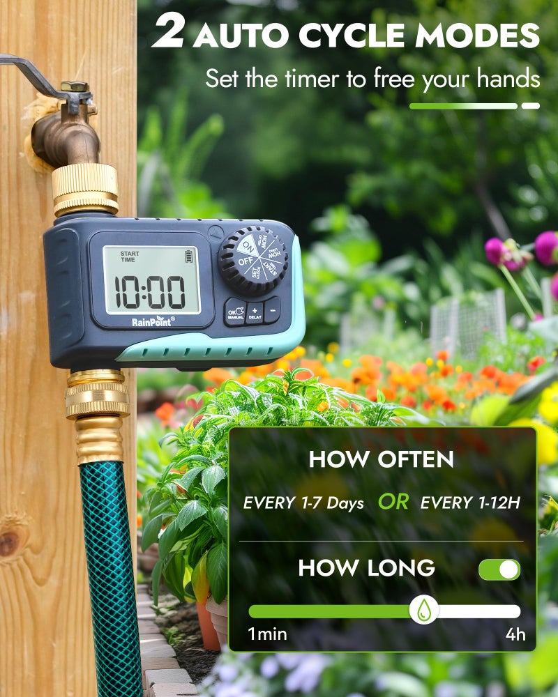 RAINPOINT Sprinkler Timer with Brass Inlet & Outlet, Programmable Hose Timer for Garden Soaker Hose, Watering Timer with Rain Delay/Manual Watering System, Digital Drip Irrigation for Yard, Lawn - Image 3