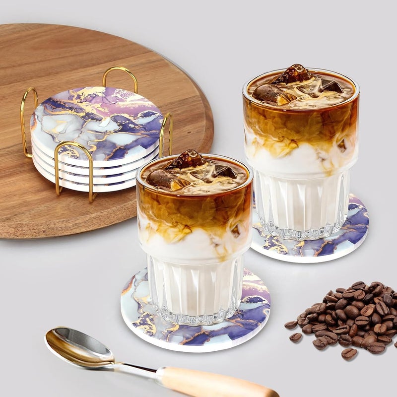 Deceram Purple Agate Coasters With Holder - Absorbent Drink Set of 6 Modern Marble Coasters for Coffee Table, Kitchen - Unique Geode Decor Gift for Women - Cool Bar and Cute Ceramic Cup Coasters - Image 3