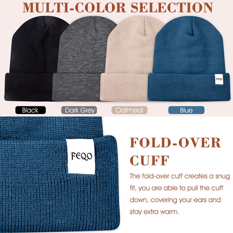 FEQO 4 Pack Satin Lined Winter Beanie Hats Soft Silk Lined Beanies Knit Warm Cuffed Hats for Women Men(Oatmeal, Blue, Dark Gray, Black) - Image 5