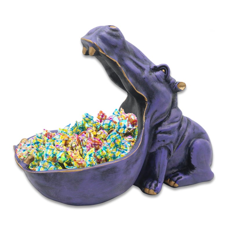 aboxoo Hippo Statue Home Resin Hippopotamus Figurine Fun Candy Dish,Key Bowl,Big Mouth Sculpture Table Art Decoration Sundries Container Storage Box (Purple) - Image 1