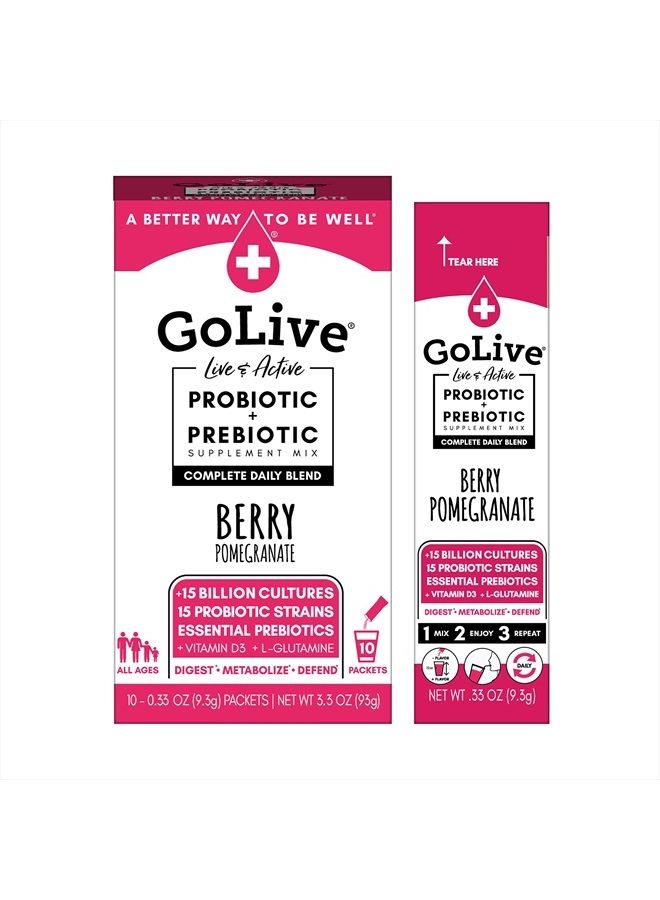 GoLive Probiotics & Prebiotics BERRY POMEGRANATE Synbiotic Powder. Probiotics + Prebiotics for Women, Men & Kids +15 Billion CFUs,15 Clinical Strains for Immune and Digestive Health. 10's Pack - Image 1