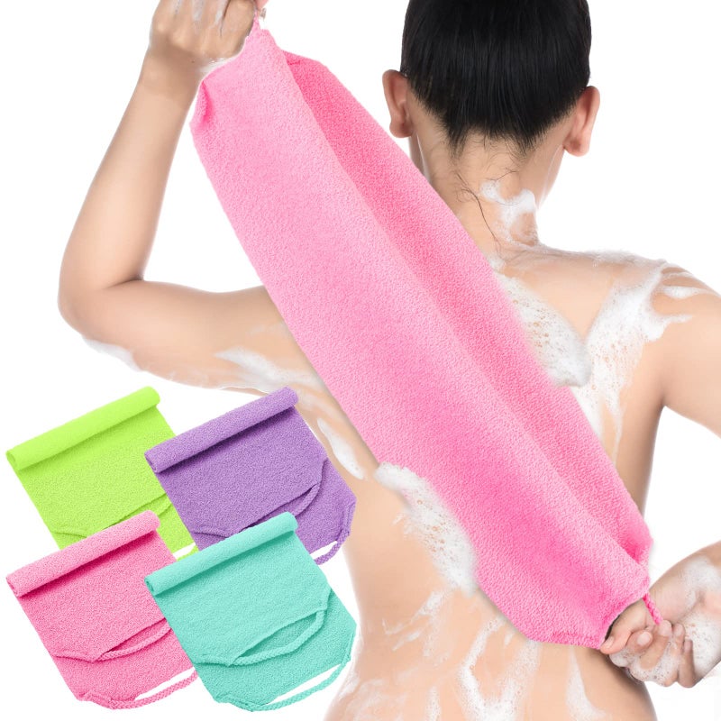 Moukeren مقشر ظهر موكيرين مع مقابض - 4 قطع - مقشر ظهر نايلون بطول ممتد - غسالات مقشرة - حزام سحب قابل للتمدد - قماش استحمام مقشر (وردي، أزرق، أخضر فوسفوري، بنفسجي) - Image 1