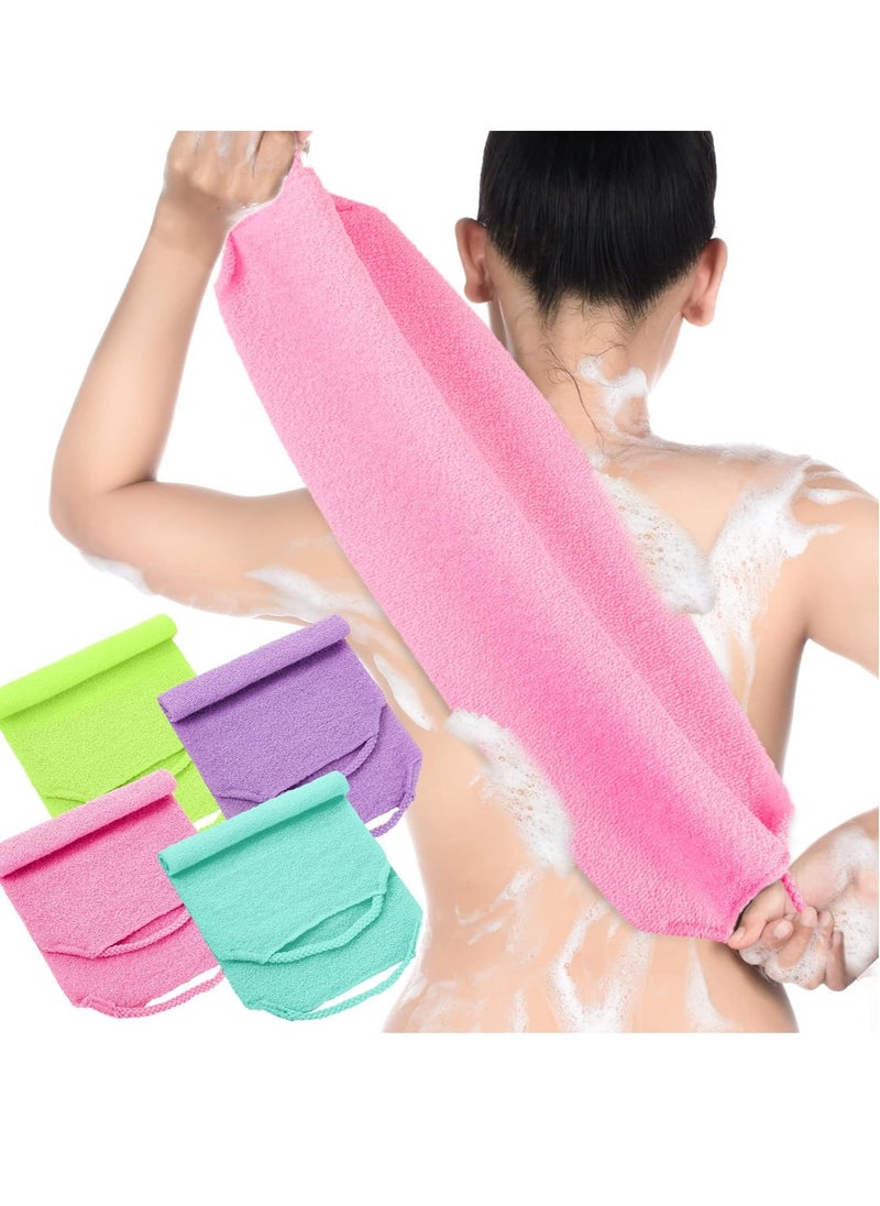 Moukeren - Moukeren Exfoliating Back Scrubber with Handles 4 Packs Nylon Back Exfoliator Extended Length Back Washers Scrubbers Stretchable Pull Strap(Pink, Blue, Fluorescent Green, Purple) - Image 1