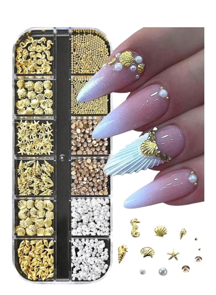 Generic A set of 12 underwater-inspired nail art charms in 12 assorted sizes, featuring polka dots, seahorses, starfish, conch beads, and pearls, for DIY nail art.  - Image 1
