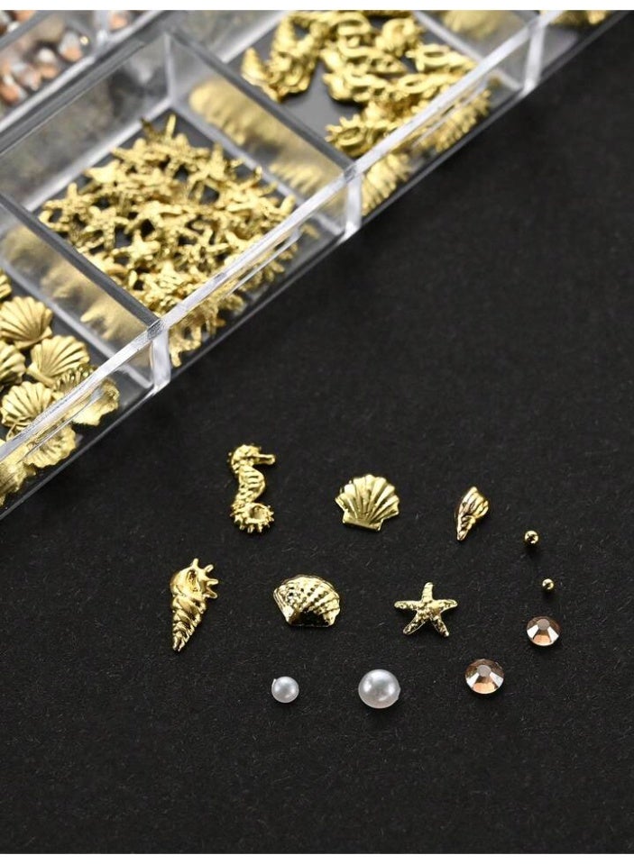 Generic A set of 12 underwater-inspired nail art charms in 12 assorted sizes, featuring polka dots, seahorses, starfish, conch beads, and pearls, for DIY nail art.  - Image 4