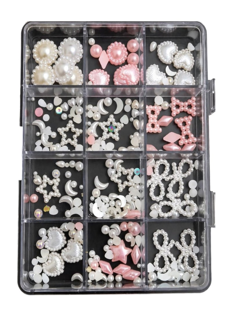 12 Grids 3D Nail Art Decorations Box - Pearl Bows Hearts Stars Moon - White & Pink Pearl Nail Charms - Image 1