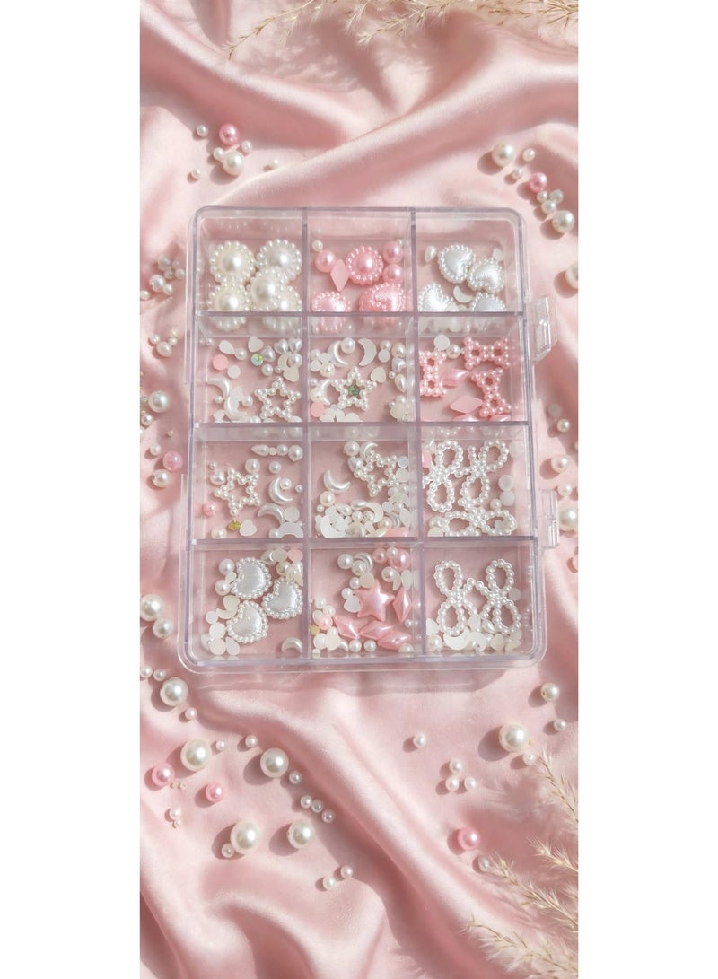 12 Grids 3D Nail Art Decorations Box - Pearl Bows Hearts Stars Moon - White & Pink Pearl Nail Charms - Image 2