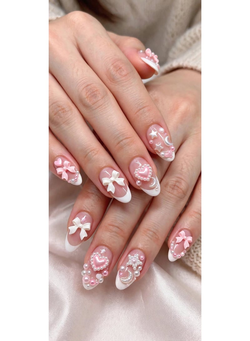 12 Grids 3D Nail Art Decorations Box - Pearl Bows Hearts Stars Moon - White & Pink Pearl Nail Charms - Image 3