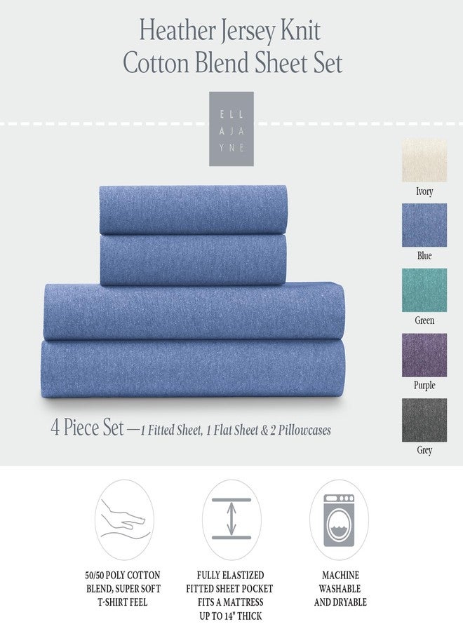 Ella Jayne Jersey Knit Sheets Set (4pc), Poly-Cotton T-Shirt Soft Sheets, Twin Size, 10'' Deep Pockets, Blue - Image 2