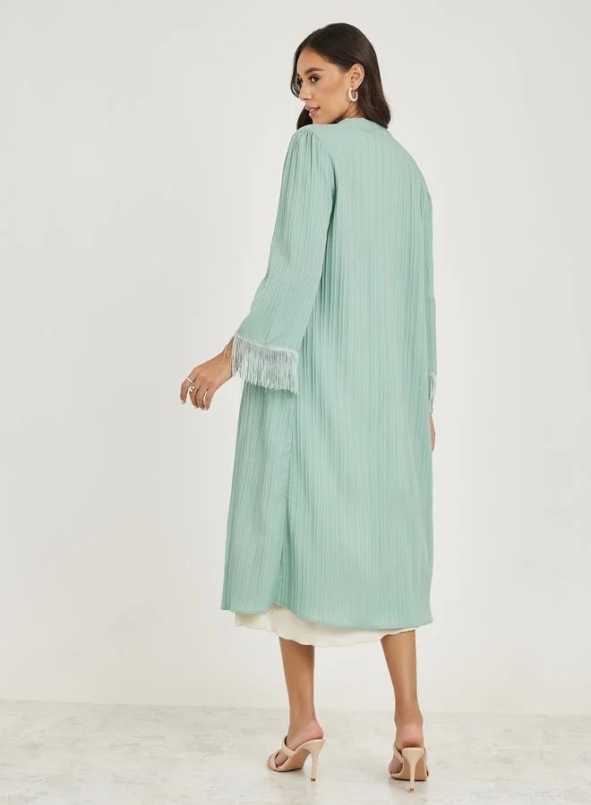Styli Textured Midi Kimono with Fringe Detail