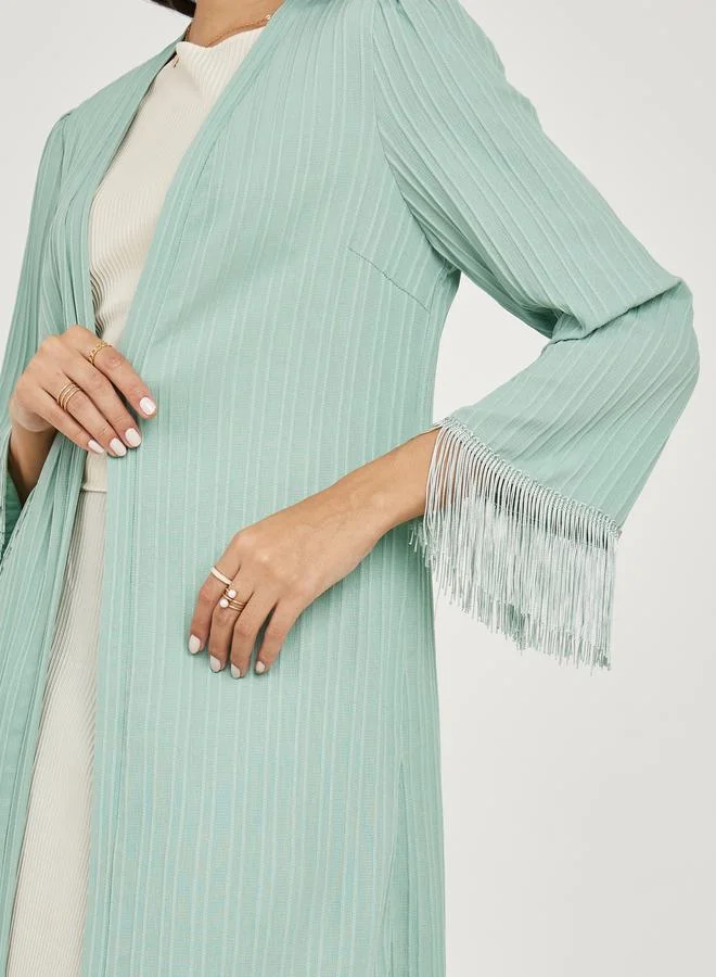 Styli Textured Midi Kimono with Fringe Detail