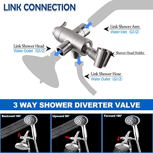 YDmeet Shower Arm Diverter with Handshower Mount, G1/2 Brass Shower Diverter Valve Bathroom Universal Shower System Replacement for Handheld Shower and Fixed Shower Head, Brushed Nickel - Image 3