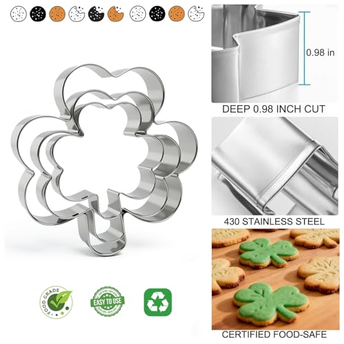 VTUGP 6Pcs St. Patrick's Day Metal Cookie Cutter Set - Shamrocks & Four Leaf Clovers Shapes Large 4’’ Small 3’’ Mini 2‘’, Stainless Steel Clover Biscuit Mold for Irish Spring Holiday Party Decor or Baking - Image 2