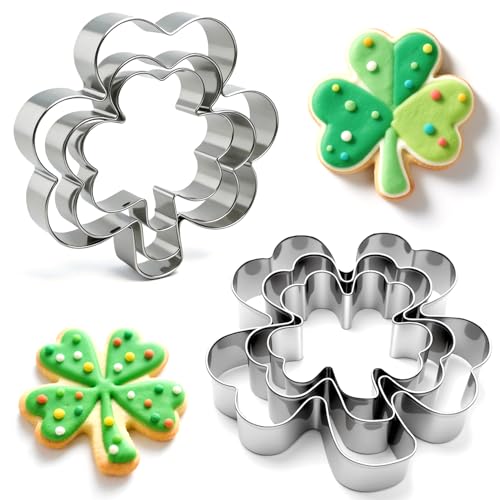 VTUGP 6Pcs St. Patrick's Day Metal Cookie Cutter Set - Shamrocks & Four Leaf Clovers Shapes Large 4’’ Small 3’’ Mini 2‘’, Stainless Steel Clover Biscuit Mold for Irish Spring Holiday Party Decor or Baking - Image 1