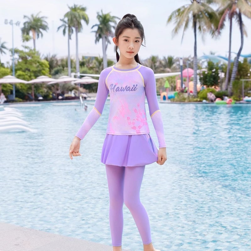 Youyue Girls' Long Sleeve Long Pants Swimwear Set - High Elasticity Quick-Dry Three-Piece Swimsuit for Kids