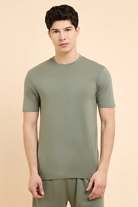 أر أند بي Solid Sleep T-Shirt with Crew Neck and Short Sleeves