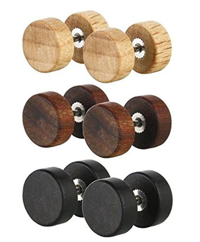KARAY 8mm Wood Wooden Vintage Round Circle Fake Cheater Plugs Tunnel Unisex Stainless Steel Stud Earrings Lot Set (3pair a Set) - Image 2