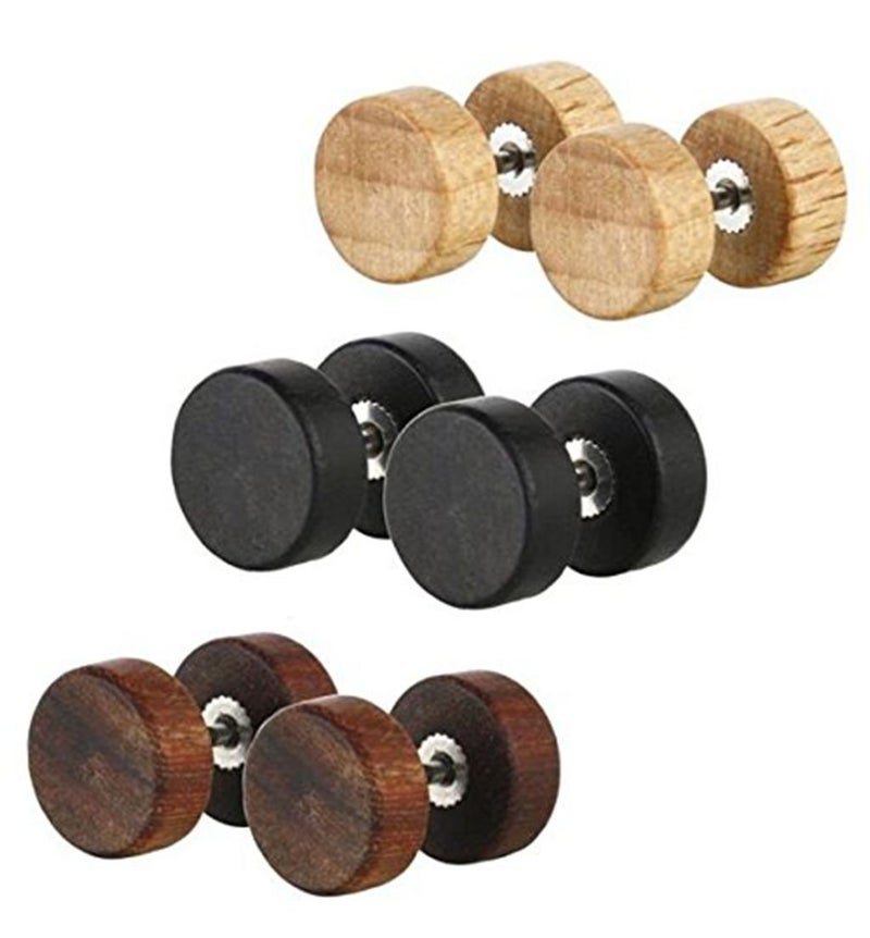 KARAY 8mm Wood Wooden Vintage Round Circle Fake Cheater Plugs Tunnel Unisex Stainless Steel Stud Earrings Lot Set (3pair a Set) - Image 4