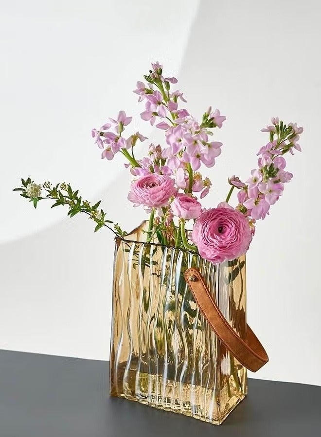 MIXDE Glass Purse Vase for Flowers Handbag Vase with Leather Handle Glass Bag Flower Vase Great for Floral Arrangement Centerpiece Home Decor Amber 