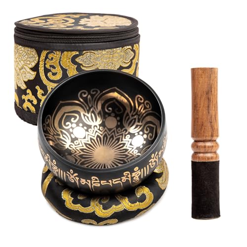 HIMALAYAN BAZAAR Tibetan Singing Bowl Set - 4" Easy To Play Authentic Handmade For Meditation Sound 7 Chakra Healing By HIMALAYAN BAZAAR (Black with Box, 4") - Image 1