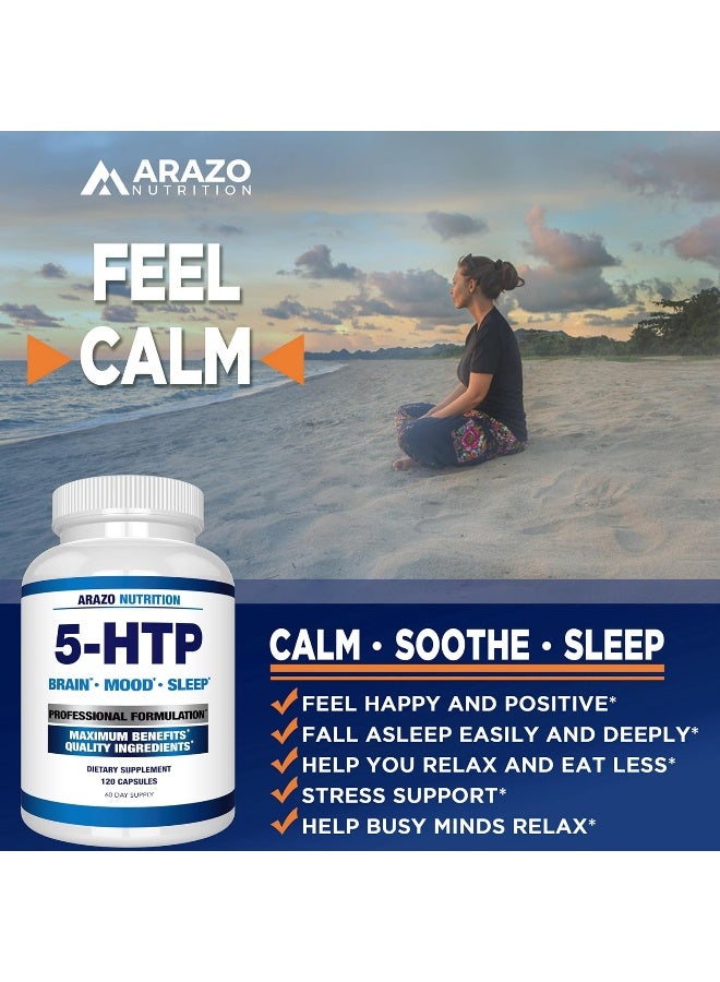 Arazo Nutrition Arazo Nutrition 99% High Purity 5-HTP Plus Calcium for Mood, Sleep, Anxiety - Boosts Serotonin Production - 200mg, 120 Capsules - Image 4