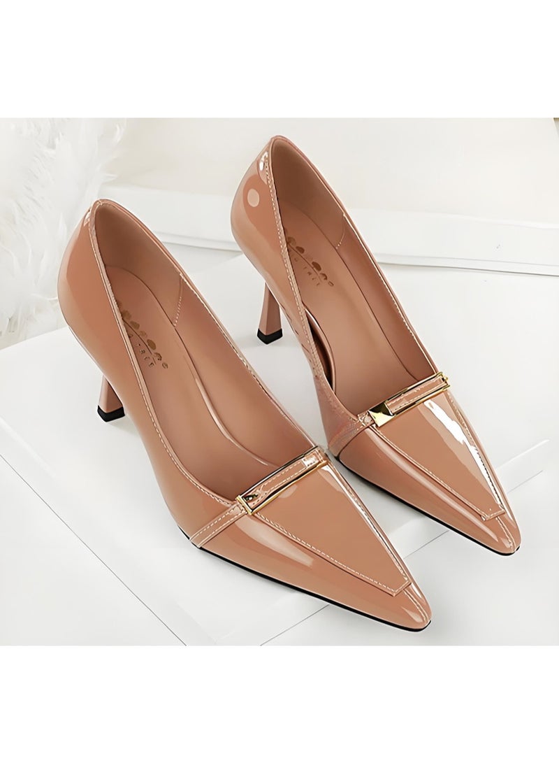 بيج تري المضخات النسائية مغلقة أشارت إصبع القدم الكعب العالي الحزب فستان الأحذية لون عاري 8CM - Image 2