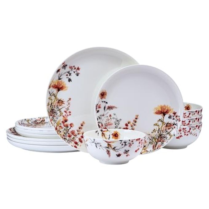Mikasa Wildflower Bliss 12 Piece Floral Bone China Durable Chip Resistant Lightweight Dinnerware Set, Service for 4