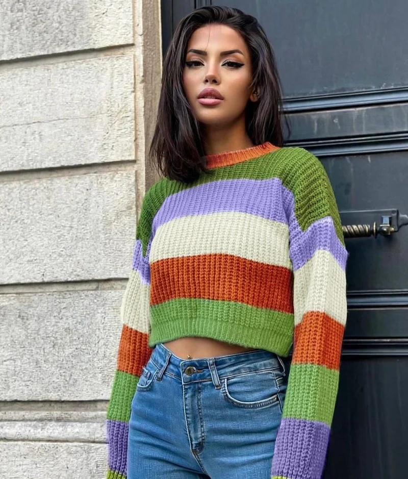 بوبودو Orange Green Striped Knitted Sweater