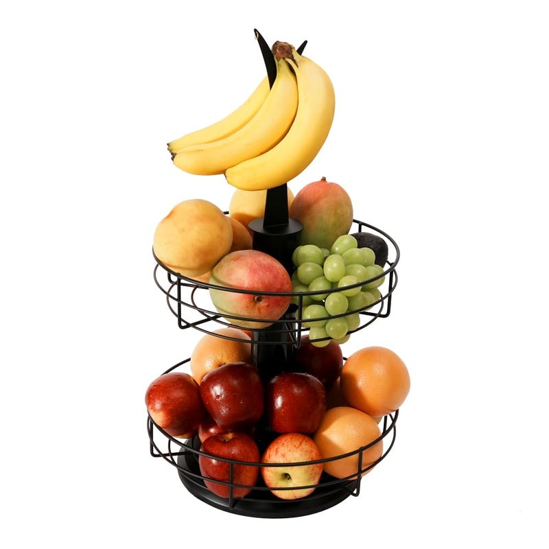 J JACKCUBE DESIGN 2Tier Rotating Fruit Basket for Kitchen Counter Fruit Vegetable Basket with Banana Hook Holder - Image 1