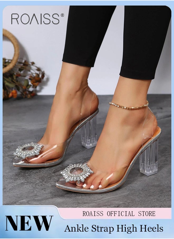 roaiss Women's Transparent Rhinestone Slingback High Heel Sandals Pointed Toe Thick Heel Breathable Party and Banquet Shoes - Image 1