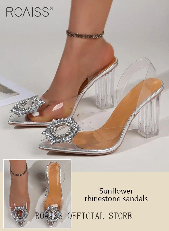 roaiss Women's Transparent Rhinestone Slingback High Heel Sandals Pointed Toe Thick Heel Breathable Party and Banquet Shoes - Image 5