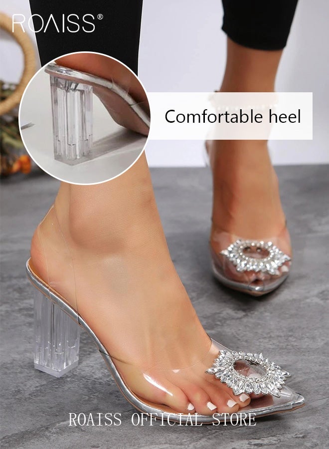 roaiss Women's Transparent Rhinestone Slingback High Heel Sandals Pointed Toe Thick Heel Breathable Party and Banquet Shoes - Image 3