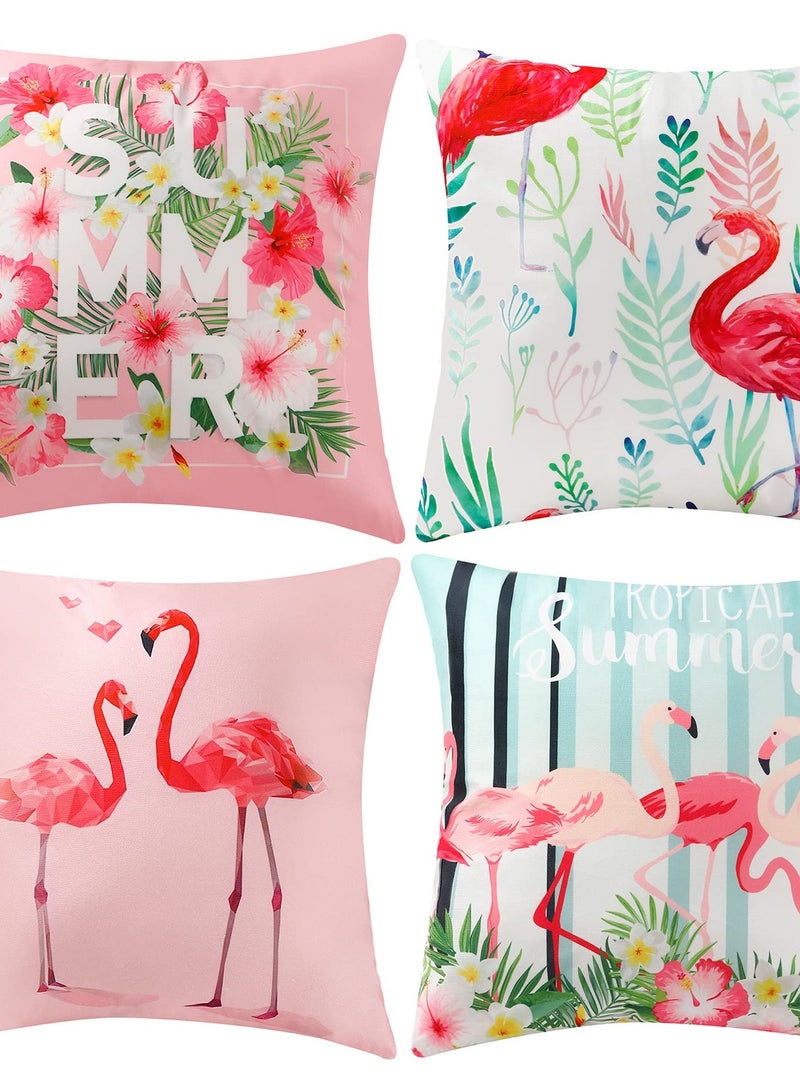 4 Pcs Flamingo Throw Pillow Covers, 18 X 18 Inch Decorative Pink Bird Pillowcases Tropical Leaves Cushion Covers for Sofa Couch Summer Holiday Home Decor (Sets A) - Image 1