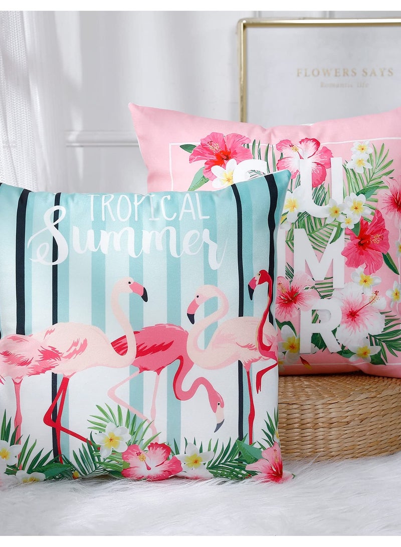 4 Pcs Flamingo Throw Pillow Covers, 18 X 18 Inch Decorative Pink Bird Pillowcases Tropical Leaves Cushion Covers for Sofa Couch Summer Holiday Home Decor (Sets A) - Image 2