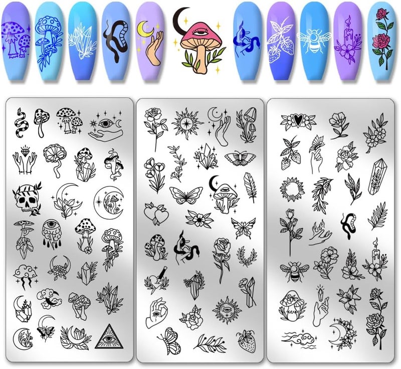 PH PandaHall 3pcs Magic Moon Sun Nail Art Stamping Plate 78 Patterns Nail Art Stencils Snake Mushroom Flower Nail Stamp Plate Stainless Steel Nail Image Plate for DIY Print Manicure Salon Nail