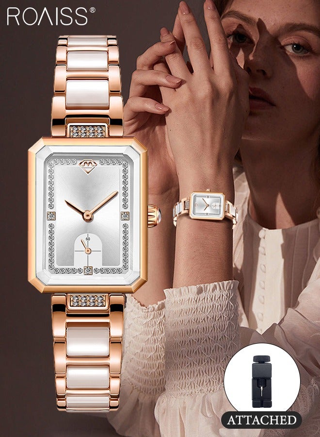 رويس ساعة كوارتز نسائية بسوار سيراميك، ساعة ذات قرص مستطيل أبيض مزين بأحجار الراين، ساعة يد بسيط أنيق مقاومة للماء كهدية للسيدات - Image 1