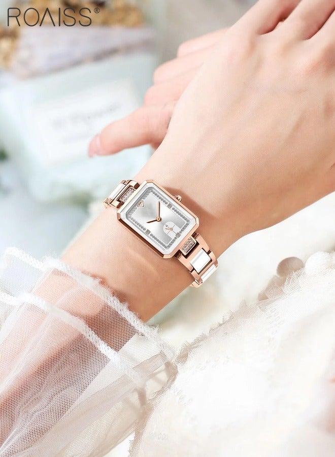 رويس ساعة كوارتز نسائية بسوار سيراميك، ساعة ذات قرص مستطيل أبيض مزين بأحجار الراين، ساعة يد بسيط أنيق مقاومة للماء كهدية للسيدات - Image 2