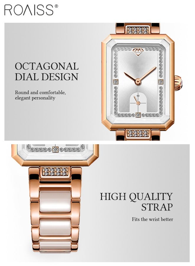 رويس ساعة كوارتز نسائية بسوار سيراميك، ساعة ذات قرص مستطيل أبيض مزين بأحجار الراين، ساعة يد بسيط أنيق مقاومة للماء كهدية للسيدات - Image 5