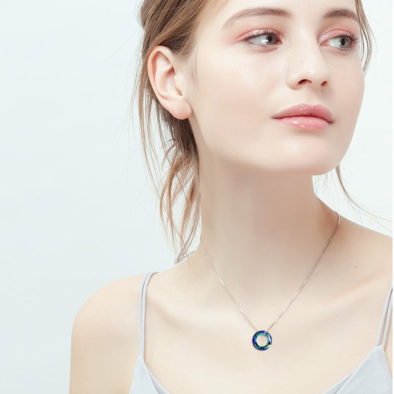 AOBOCO 925 Sterling Silver Necklace with Austrian Circle Round Crystal Pendant Simple Jewelry for Women Birthday for Her Mothers Day for Mom (Dia 0.55" Circle Blue) - Image 2