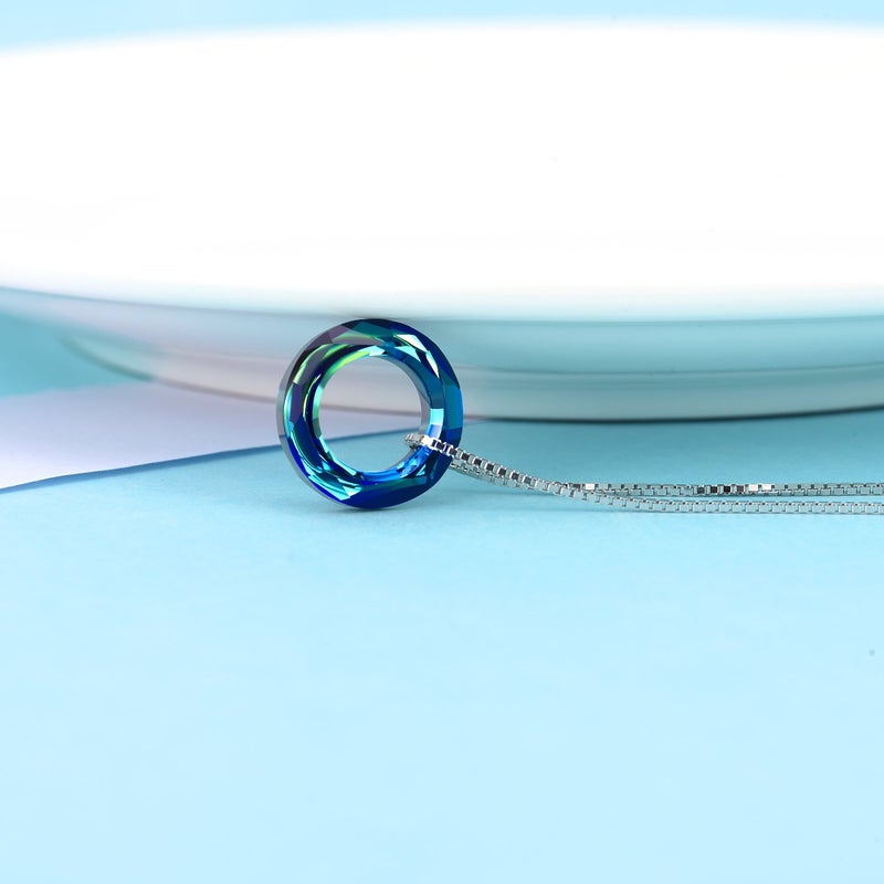 AOBOCO 925 Sterling Silver Necklace with Austrian Circle Round Crystal Pendant Simple Jewelry for Women Birthday for Her Mothers Day for Mom (Dia 0.55" Circle Blue) - Image 4