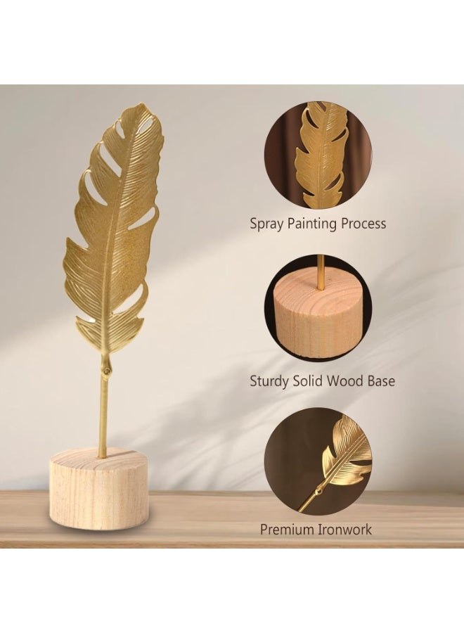 بتيمفم مجموعة ثلاثية من منحوتات أوراق الذهب الحديثة، من أزهار المونستيرا النوردية والريش والجنكة، مع قاعدة خشبية للمنزل والمكتب - Image 3