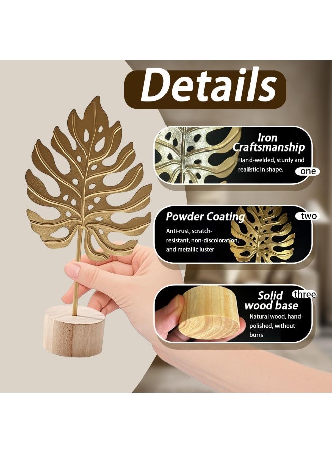 بتيمفم مجموعة ثلاثية من منحوتات أوراق الذهب الحديثة، من أزهار المونستيرا النوردية والريش والجنكة، مع قاعدة خشبية للمنزل والمكتب - Image 2